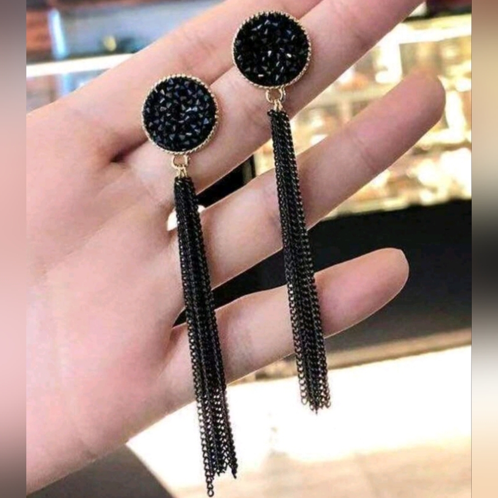Stunning Black Rhinestone & Long Chain Tassel Dangle Drop Earrings New!